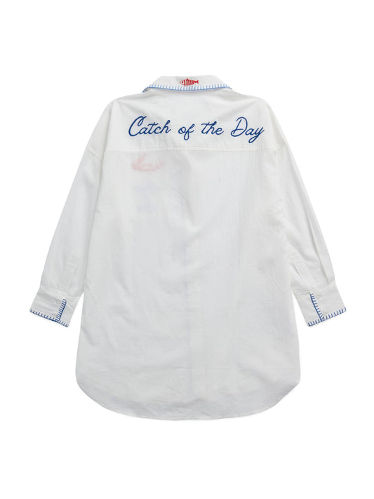 "Snap & Snip / Catch of the Day" Coverup Shirt - White