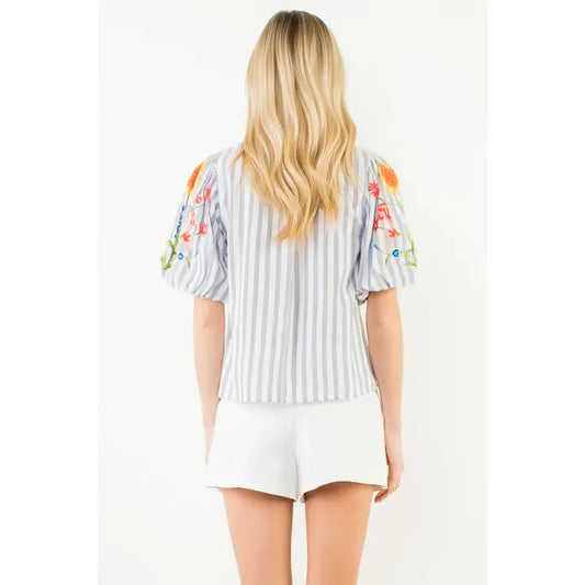 Embroidery Detail Puff Sleeve Striped Top - Blue
