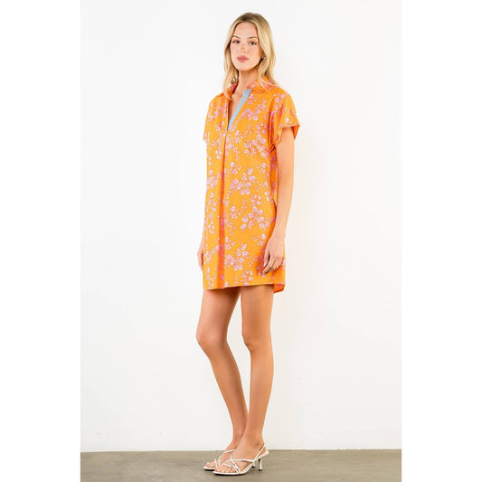 Short Sleeve Floral Pattern V-Neck Dress