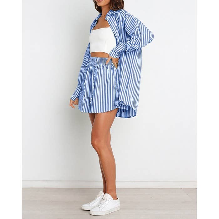 Striped Oversized Shirt and Drawstring Shorts Set
