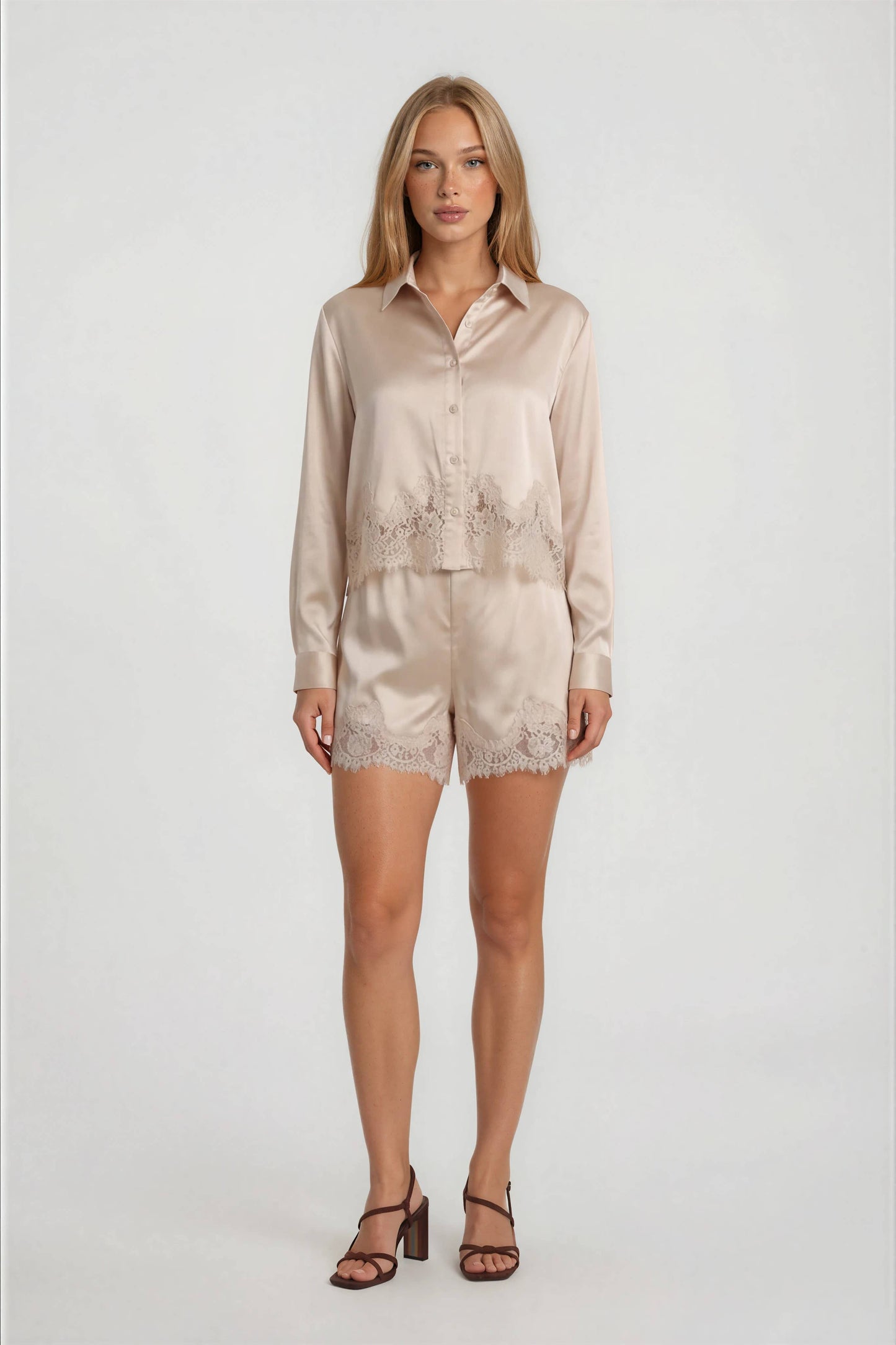Satin Lace Trim Shorts-Champagne