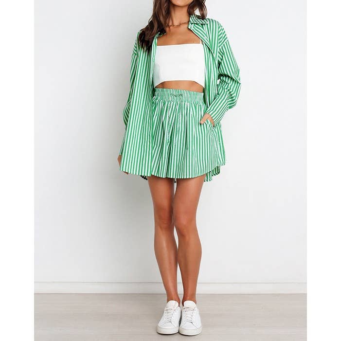 Striped Oversized Shirt and Drawstring Shorts Set