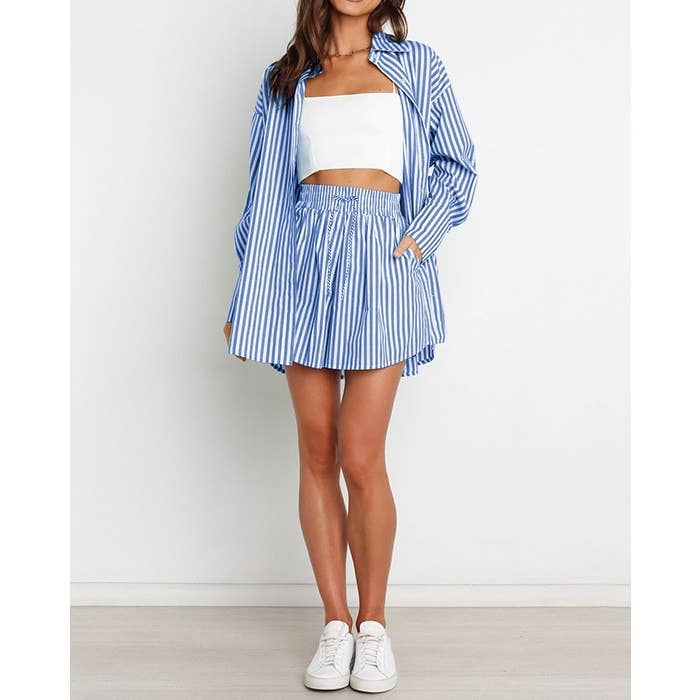 Striped Oversized Shirt and Drawstring Shorts Set