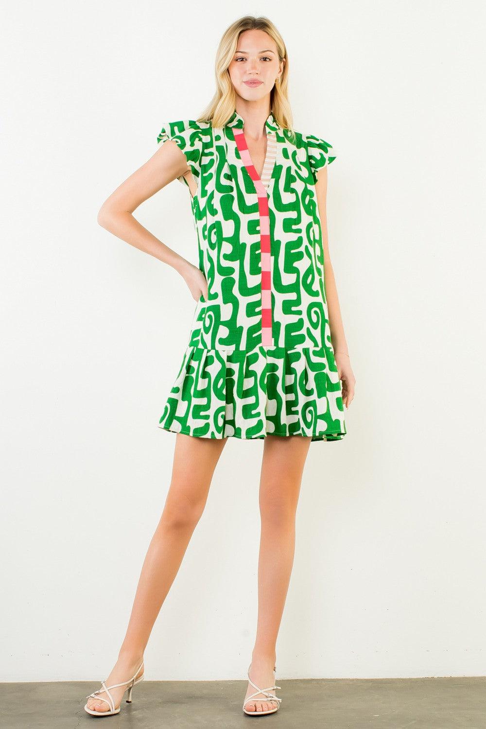 Short Sleeve Abstract Pattern Dress - Green