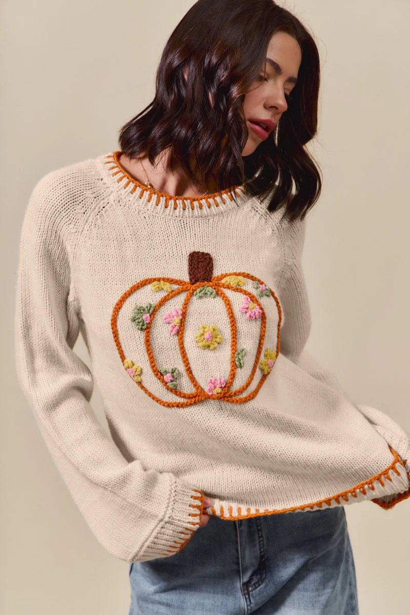 Pumpkin Floral Embroidered Thanksgiving Sweater Top