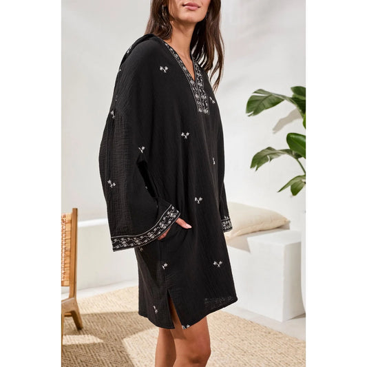 3/4 Sleeve Tunic Dress w/ Embroidery - Black