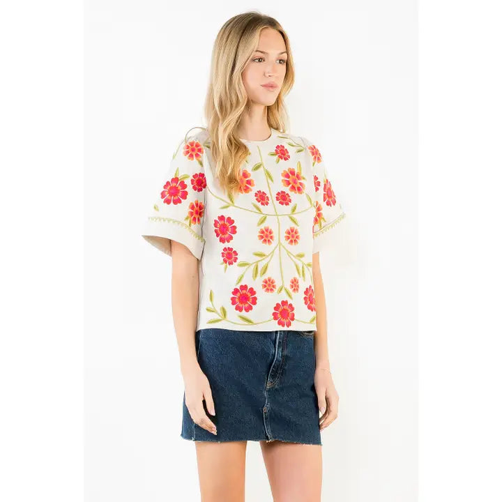 Short Sleeve Floral Embroidery Detail Top - Beige