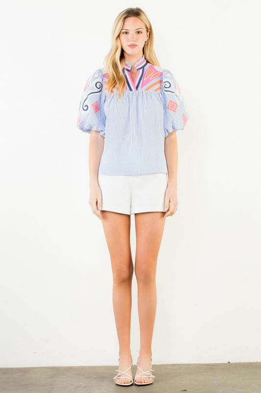 Puff Sleeve Embroidery Detail Textured Top - Blue