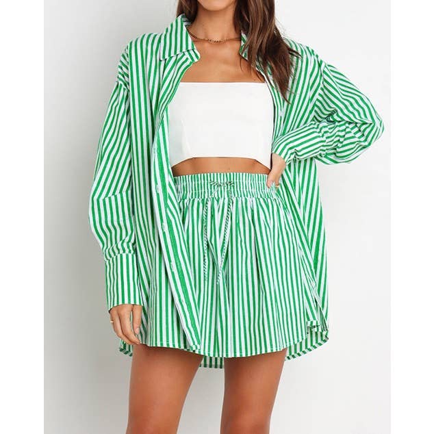 Striped Oversized Shirt and Drawstring Shorts Set