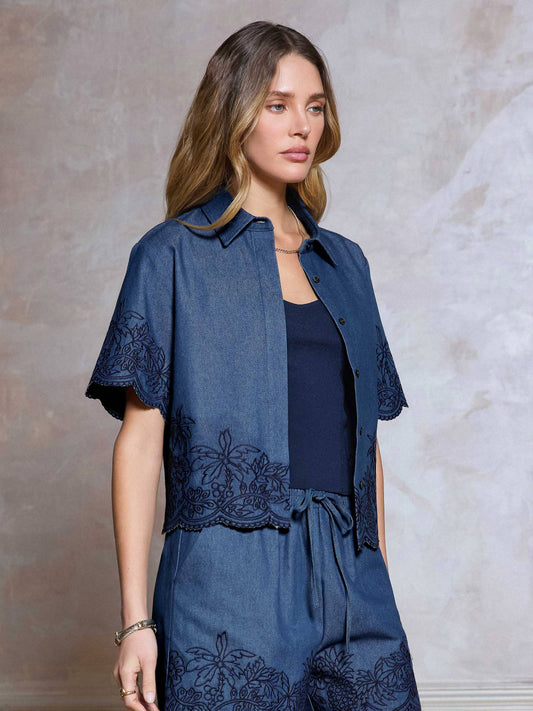 Denim Embroidered Cropped Shirt Top