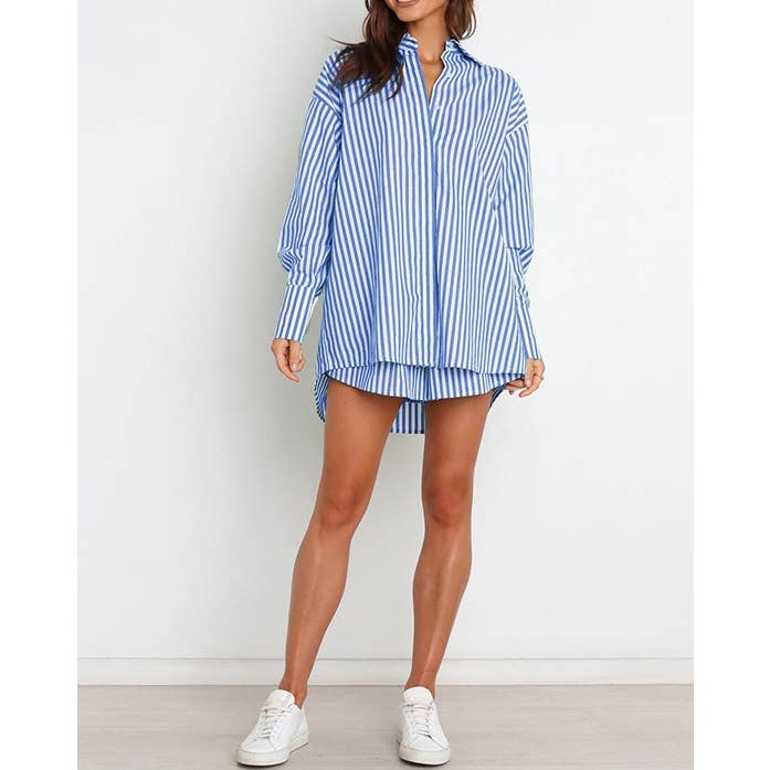 Striped Oversized Shirt and Drawstring Shorts Set