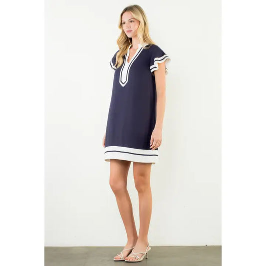 Flutter Sleeve V-Neck Dress - Navy