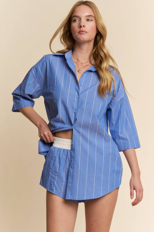 Striped Button Down Shirt w/ Matching Shorts Set - BAY WINDOW