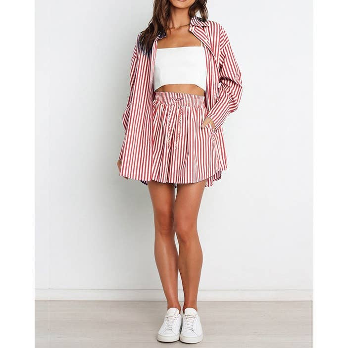 Striped Oversized Shirt and Drawstring Shorts Set