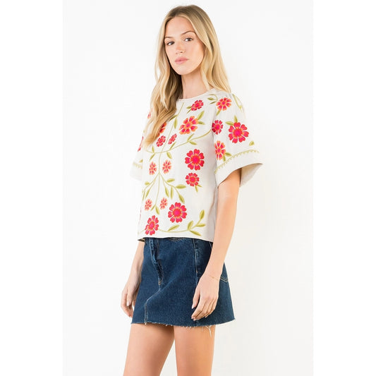 Short Sleeve Floral Embroidery Detail Top - Beige