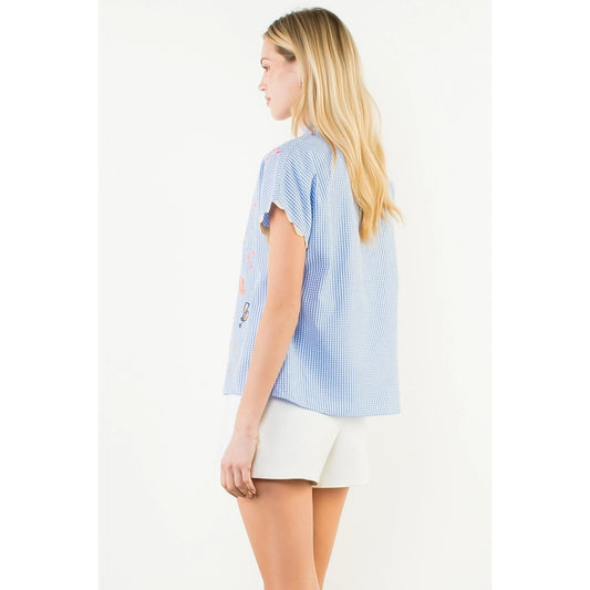Short Sleeve Embroidery Detail Gingham Top - Blue