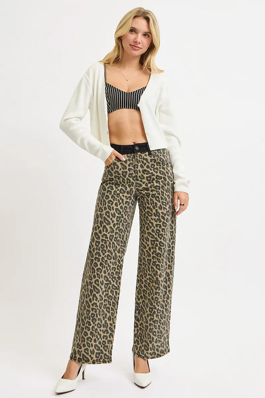 High Rise Wide Leg Leopard Printed Contrast WB Detail Pants - Coffee