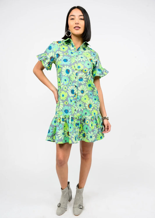 Neon Blooms Shirt Dress - Grey - BAY WINDOW