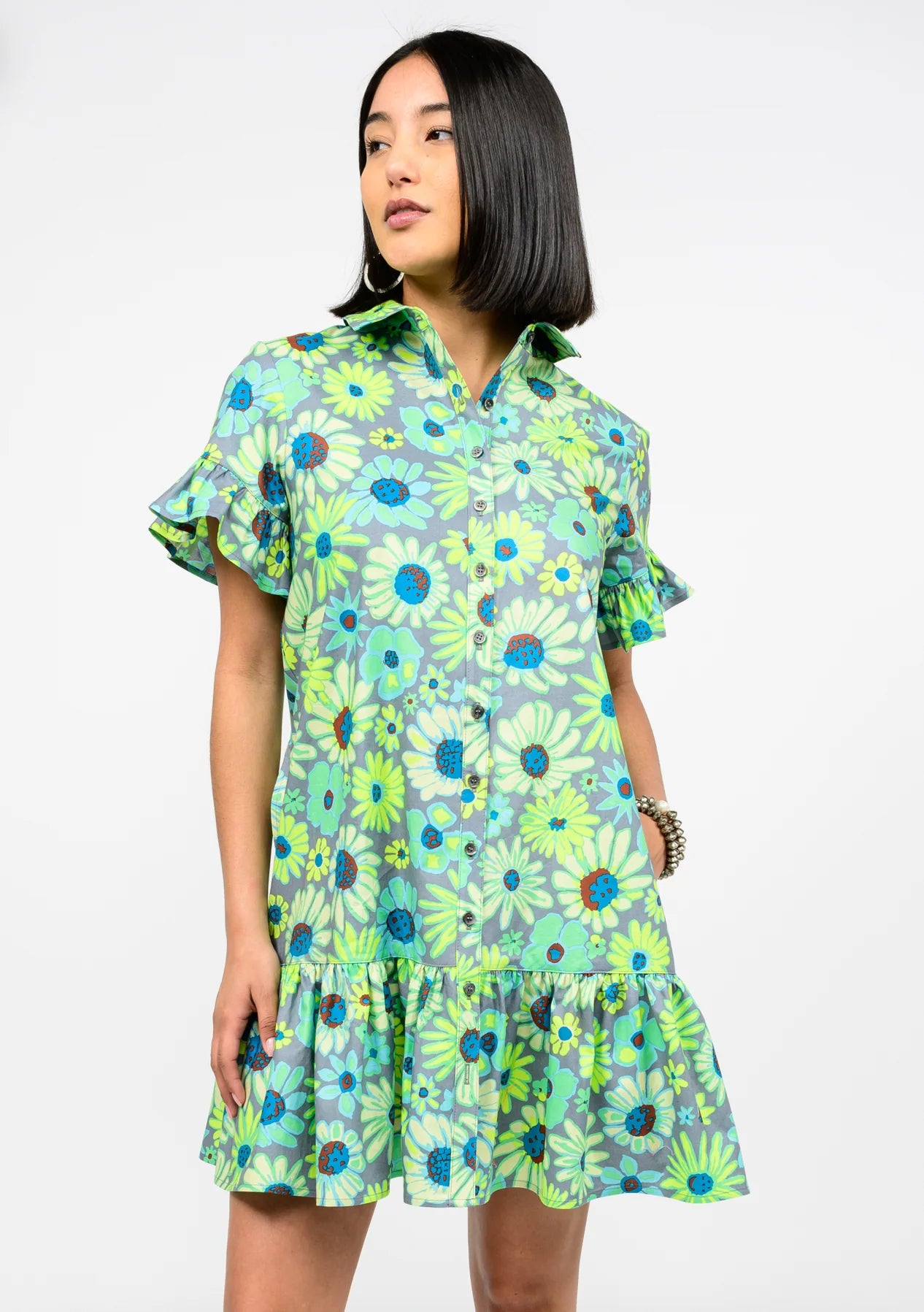 Neon Blooms Shirt Dress - Grey - BAY WINDOW