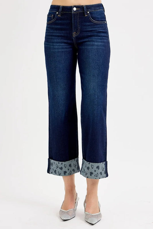 Slouchy Cropped Wide Jeans w/ Printed Cuffed Hem - Dark Wash