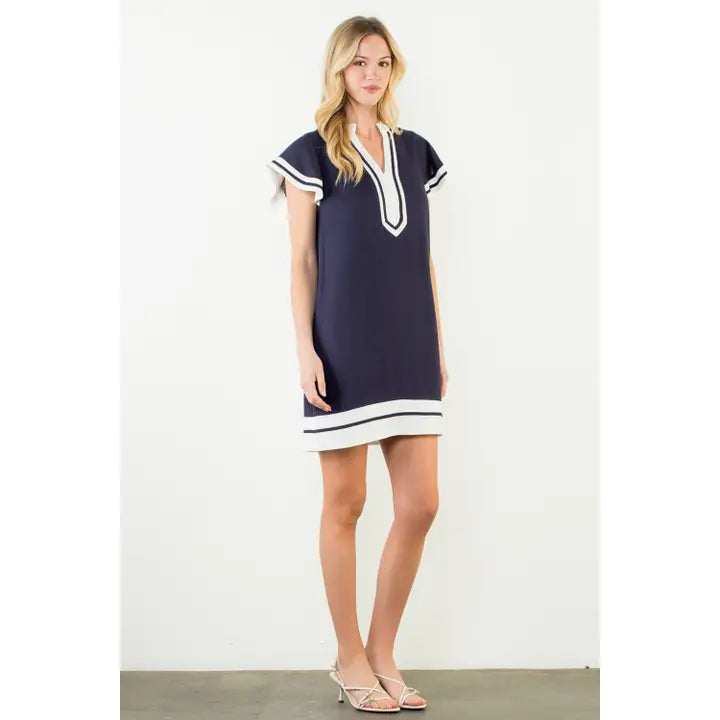 Flutter Sleeve V-Neck Dress - Navy