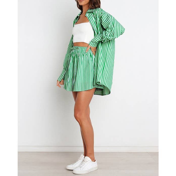 Striped Oversized Shirt and Drawstring Shorts Set