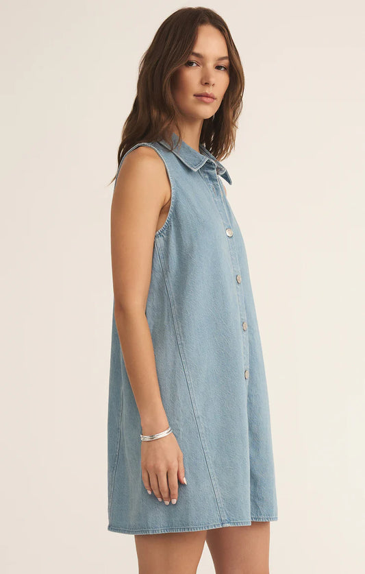 New Day Twill Mini Dress - Light Vintage Indigo - BAY WINDOW