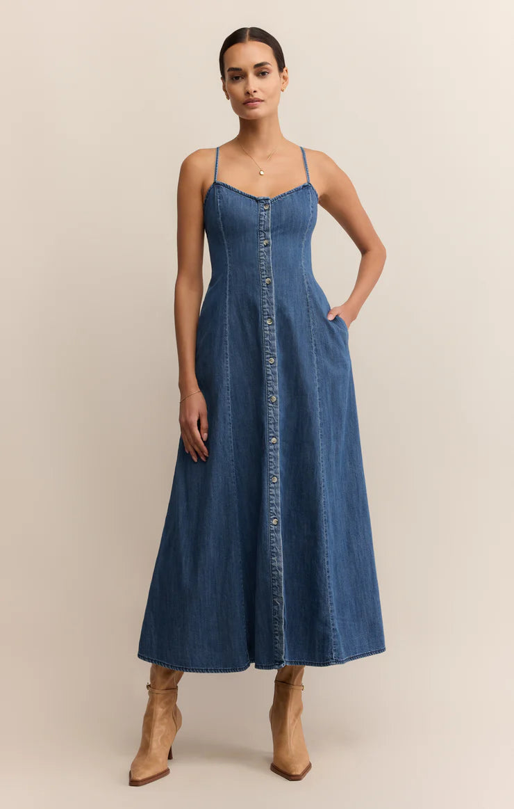 Angel Eyes Denim Midi Dress - Medium Indigo - BAY WINDOW
