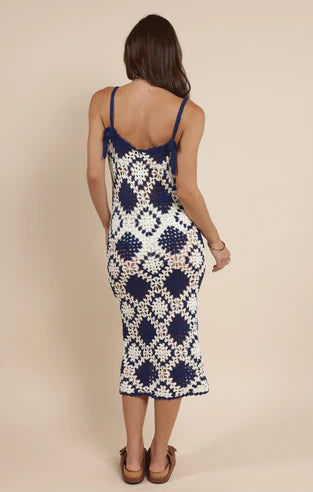 Take Flight Crochet Midi Dress - White/Navy - BAY WINDOW