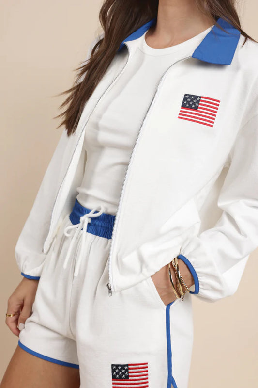 Patriotic Flag Embroidery Zipup Contrast Collar Jacket - White - BAY WINDOW