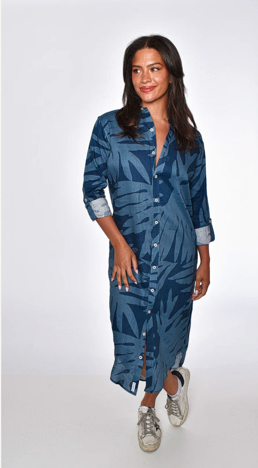 Blue Leaf Print Girlfriend Midi Dress - BAY WINDOW