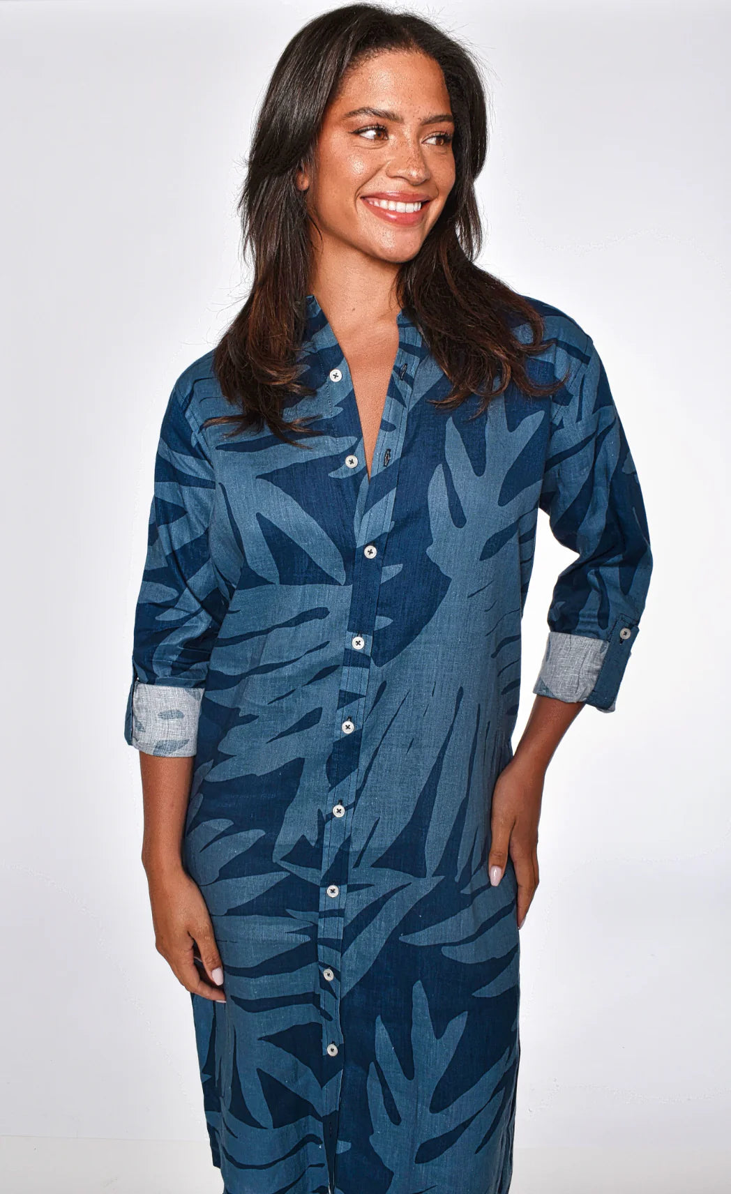 Blue Leaf Print Girlfriend Midi Dress - BAY WINDOW