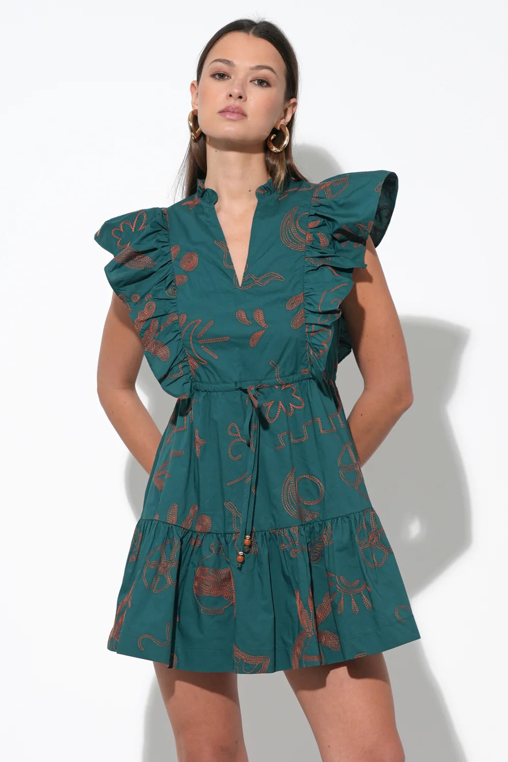 Bronwyn Embroidered Flutter Sleeve Mini Dress - Teal/Rust