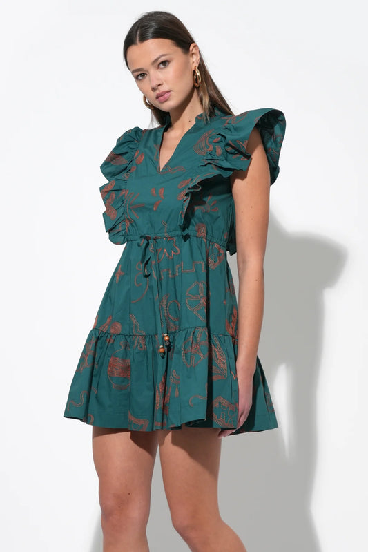 Bronwyn Embroidered Flutter Sleeve Mini Dress - Teal/Rust - BAY WINDOW