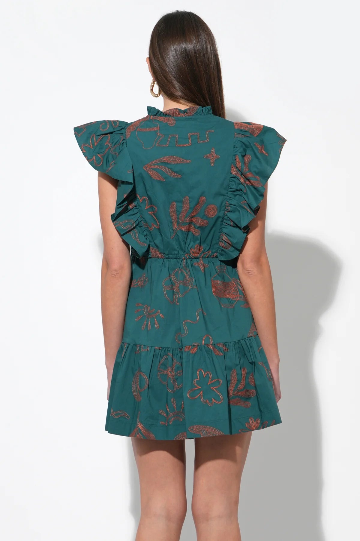 Bronwyn Embroidered Flutter Sleeve Mini Dress - Teal/Rust
