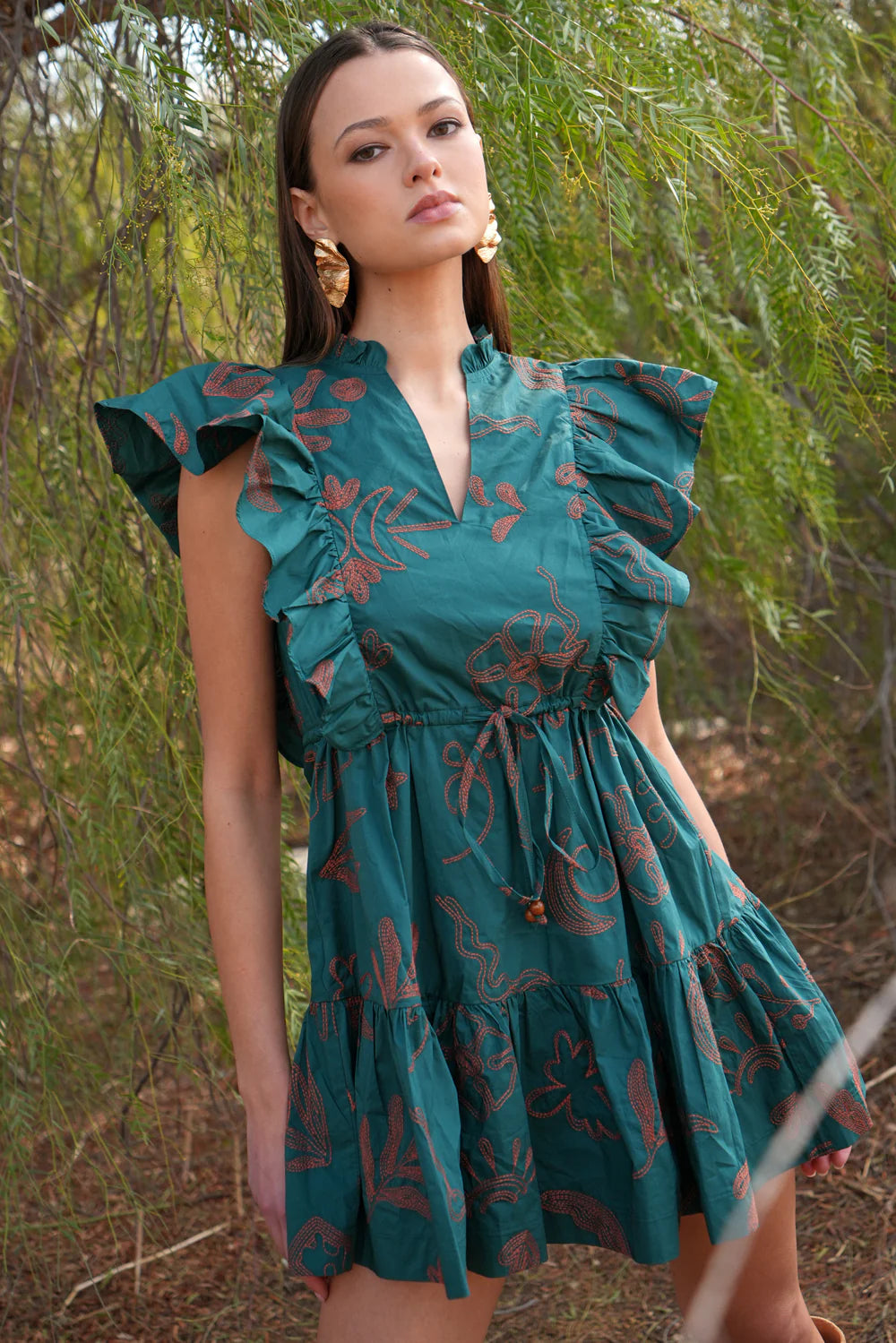 Bronwyn Embroidered Flutter Sleeve Mini Dress - Teal/Rust