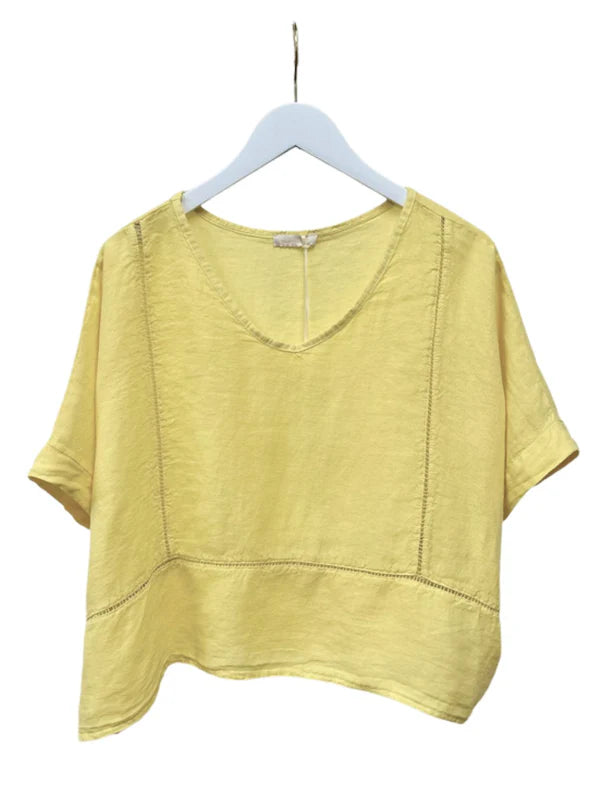 Linen Open Stitch Detail V-Neck Top