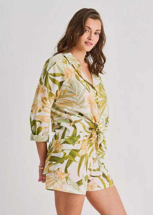 Cover Up Short Light Cotton Voile - Cream Garden - BAY WINDOW