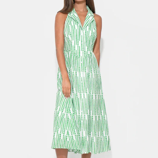 Ruby Halter Embroidery Midi Dress - White/Green
