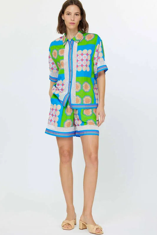 Collar Button Down Short Sleeve w/ Crochet Detail - Multicolor - BAY WINDOW