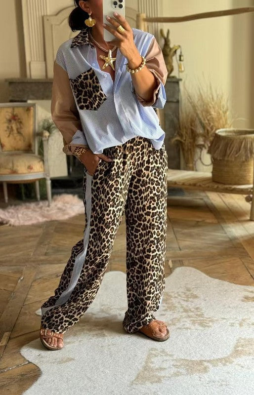 Striped Shirt and Leopard Print Pants Set - BAY WINDOW