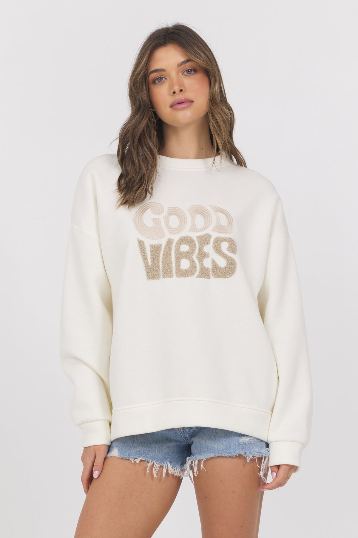 "Good Vibes" Fleece Crew Neck - Ivory - BAY WINDOW