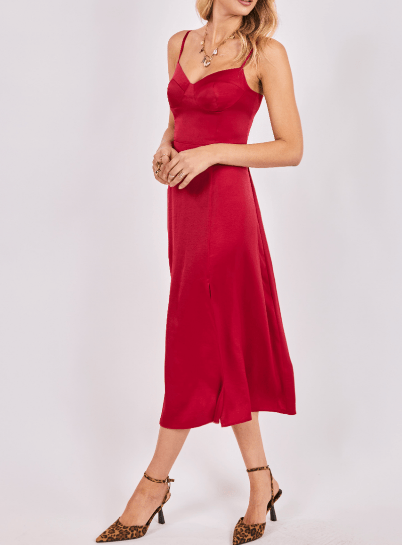 Romy Satin Bustier Bodice Midi Dress - Red