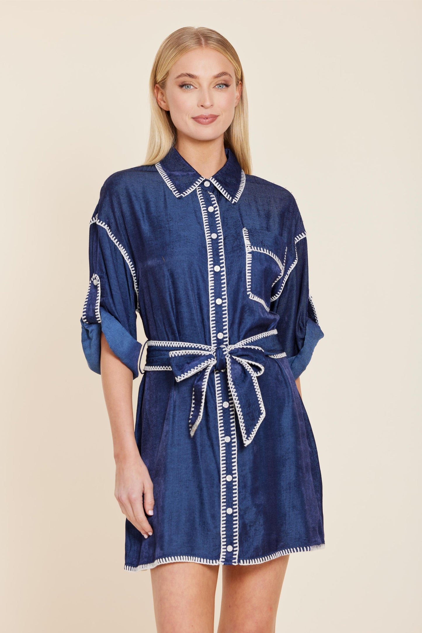 Whipstitch Detailed Belted Dress - Navy/White
