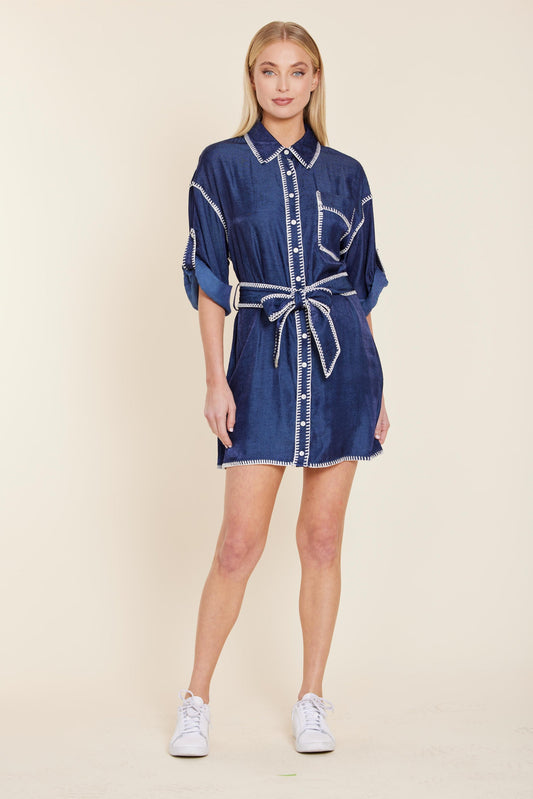 Whipstitch Detailed Belted Dress - Navy/White