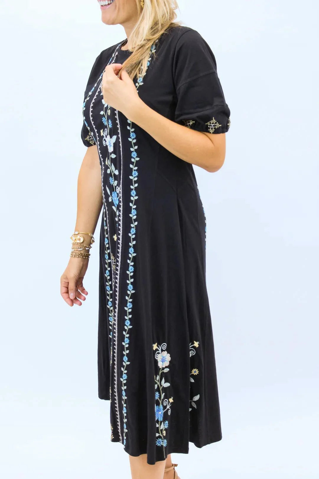 Jaanvi Bubble Sleeve Seamed Dress - Black - BAY WINDOW