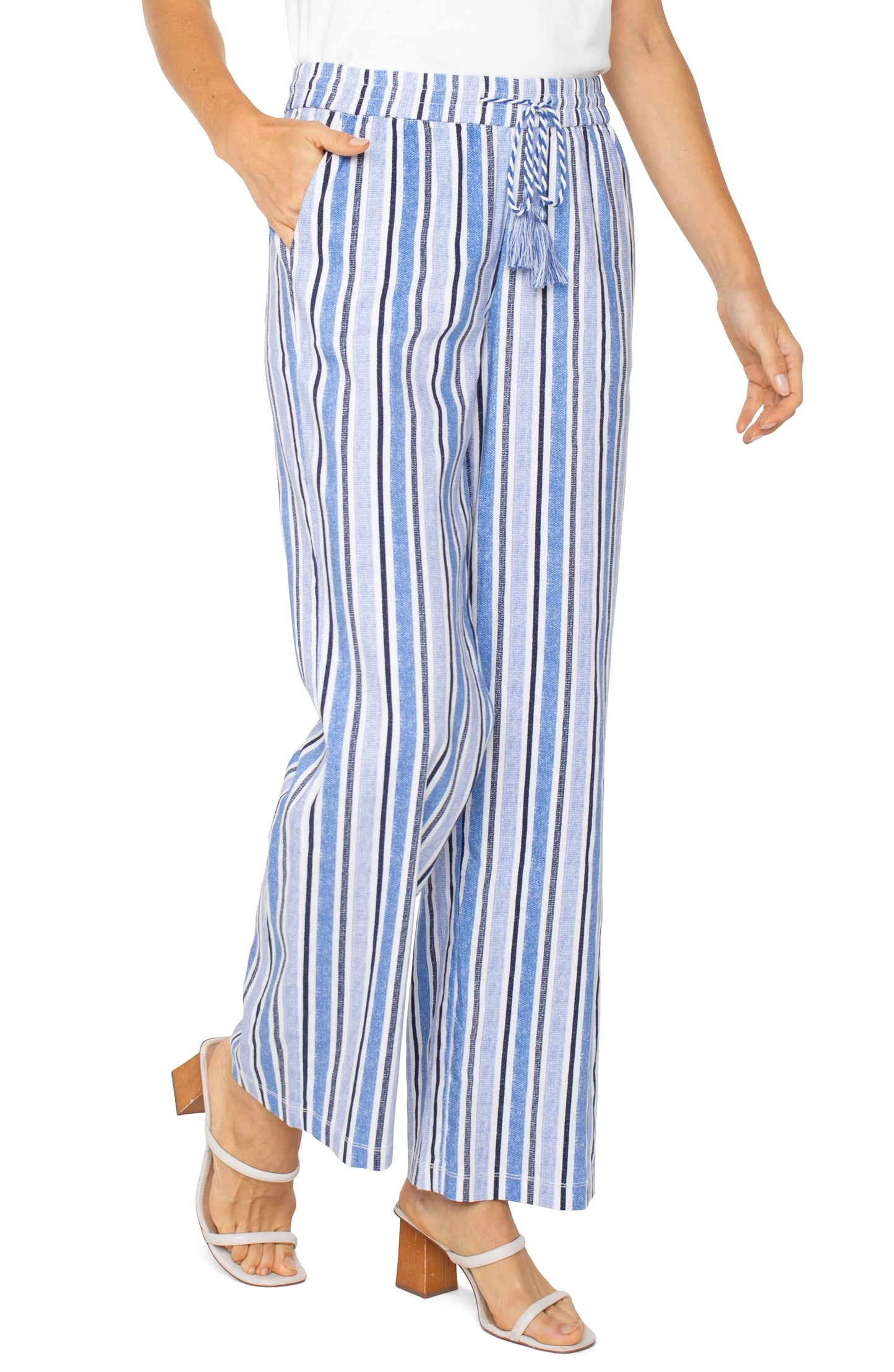 Pull on Drawstring WB Wide Leg - White/Blue Stripe