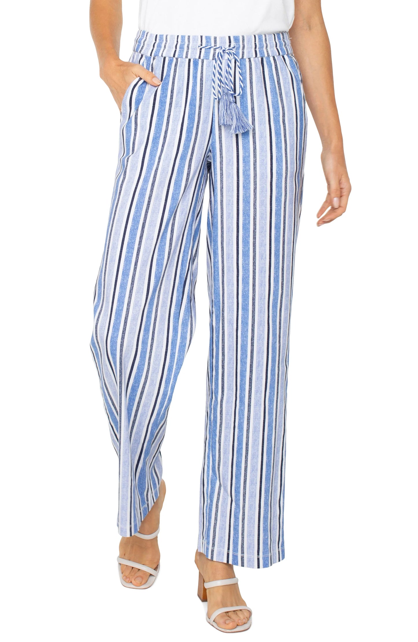 Pull on Drawstring WB Wide Leg - White/Blue Stripe