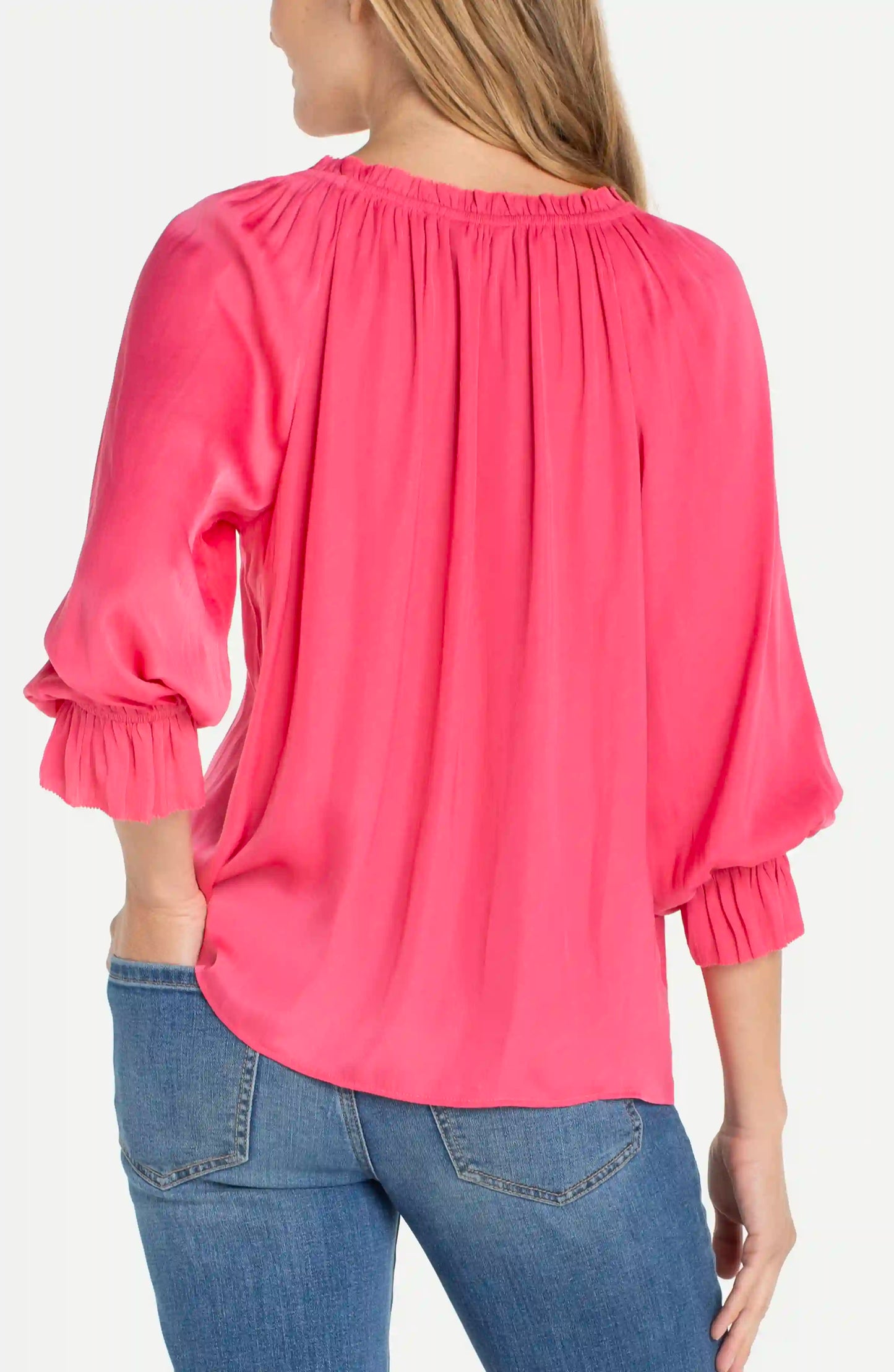 3/4 Sleeve Button Front Woven Top w/ Ruffle Details - Perfect Pink