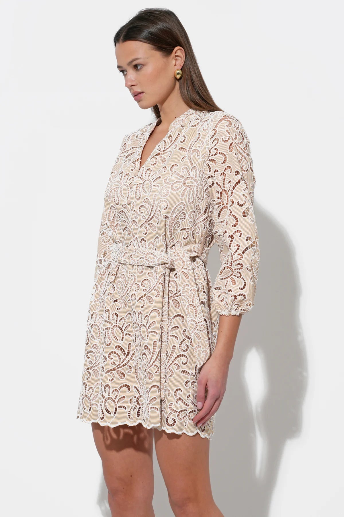Lina Embroidered Eyelet Scalloped Belted Dress - Natural - BAY WINDOW